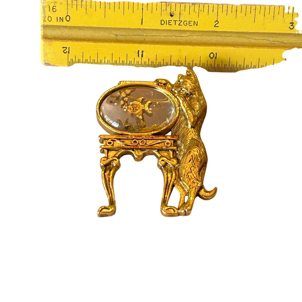 Vintage Gold Tone Cat and Fish Bowl Figural Novelty Brooch